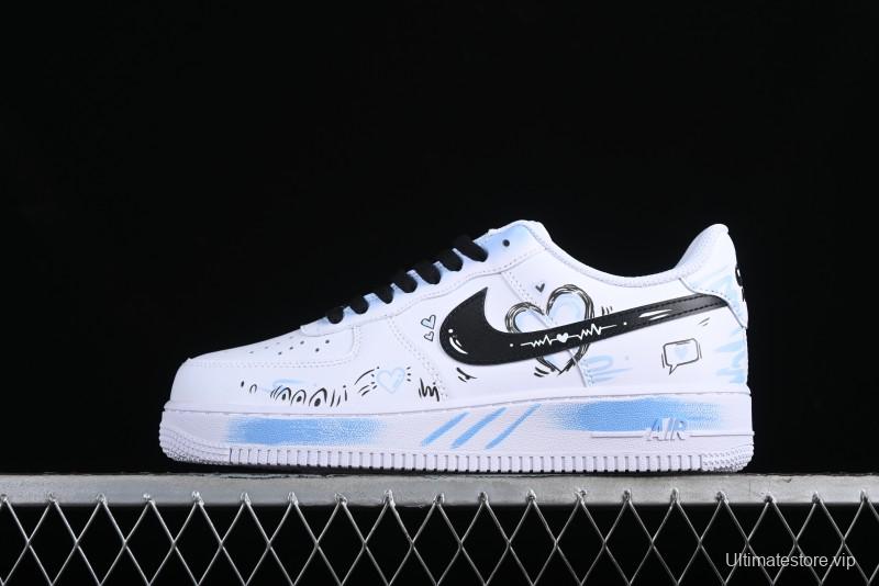 Nike Air Force 1 '07 Low Casual Sneakers with Anime-inspired Blue Spray Paint Design - CW2288-111