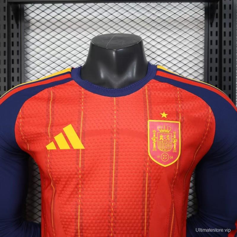 Player Version 2026 Spain Home Long Sleeve Red with Vertical Stripe Pattern Jersey