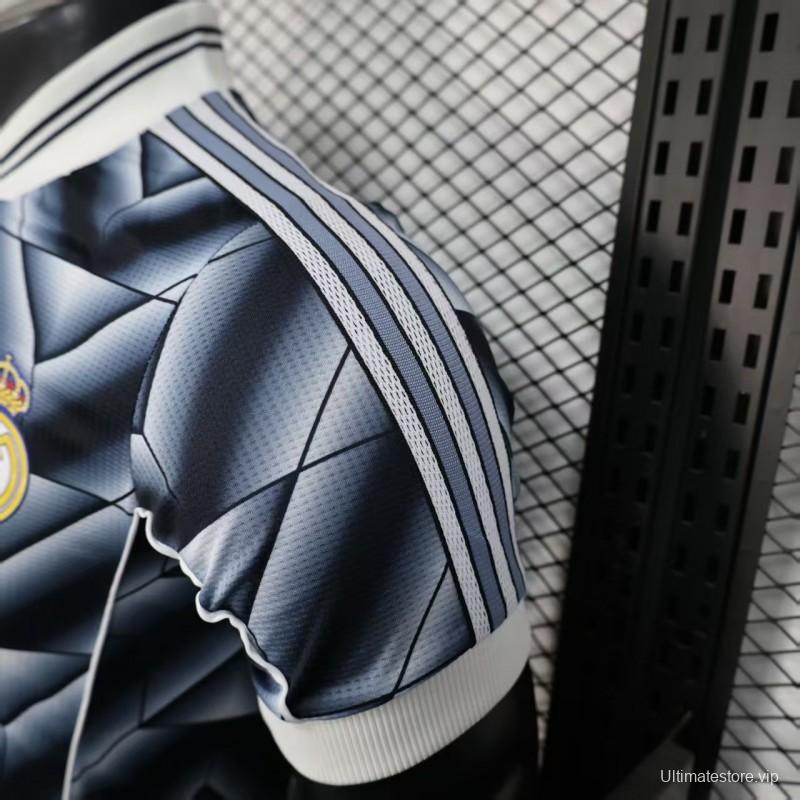 Retro Player Version  1988/89 Real Madrid Third Navy Blue with 3D Geometric Chevron Pattern Jersey