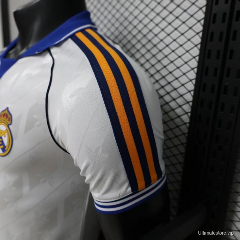 Player Version 26/27 Real Madrid Home White with Blue Collar & Jacquard Pattern Jersey