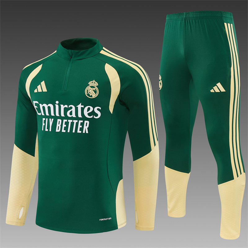 2026 Real Madrid Green & Cream  Half Zipper Jacket Tracksuit + Long Pants