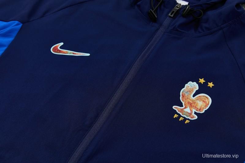 26/27 France Navy Blue Full Zipper Hooded Jacket Tracksuit + Long Pants