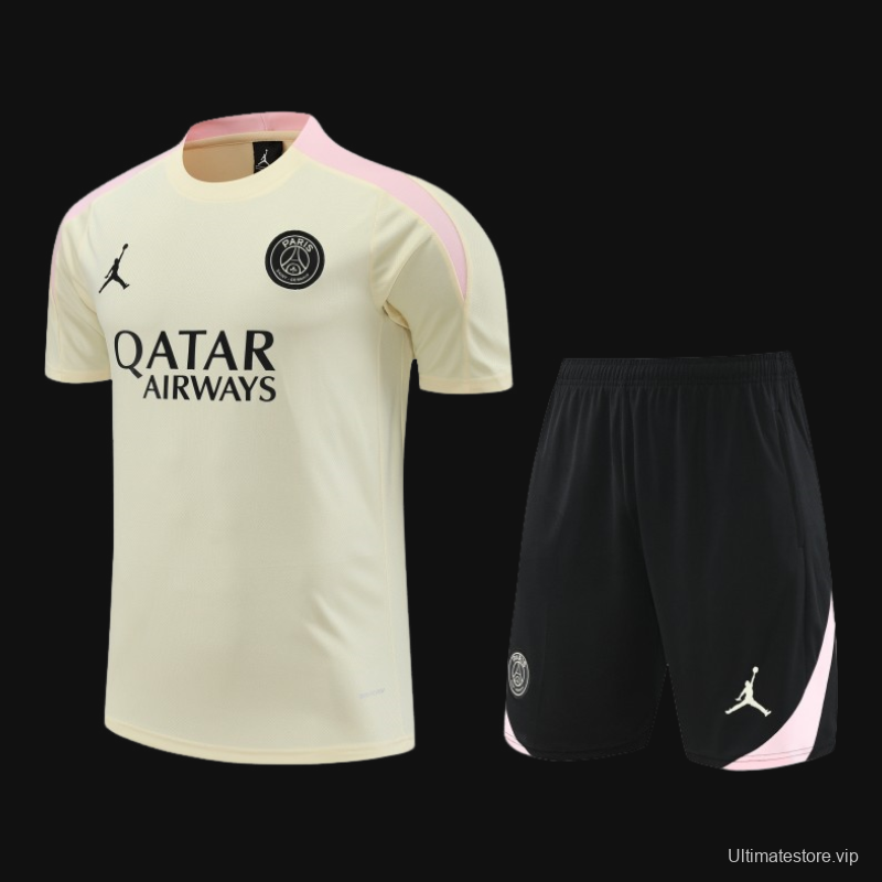 23/24 PSG Beige/Pink Cotton Short Sleeve Jersey+Shorts