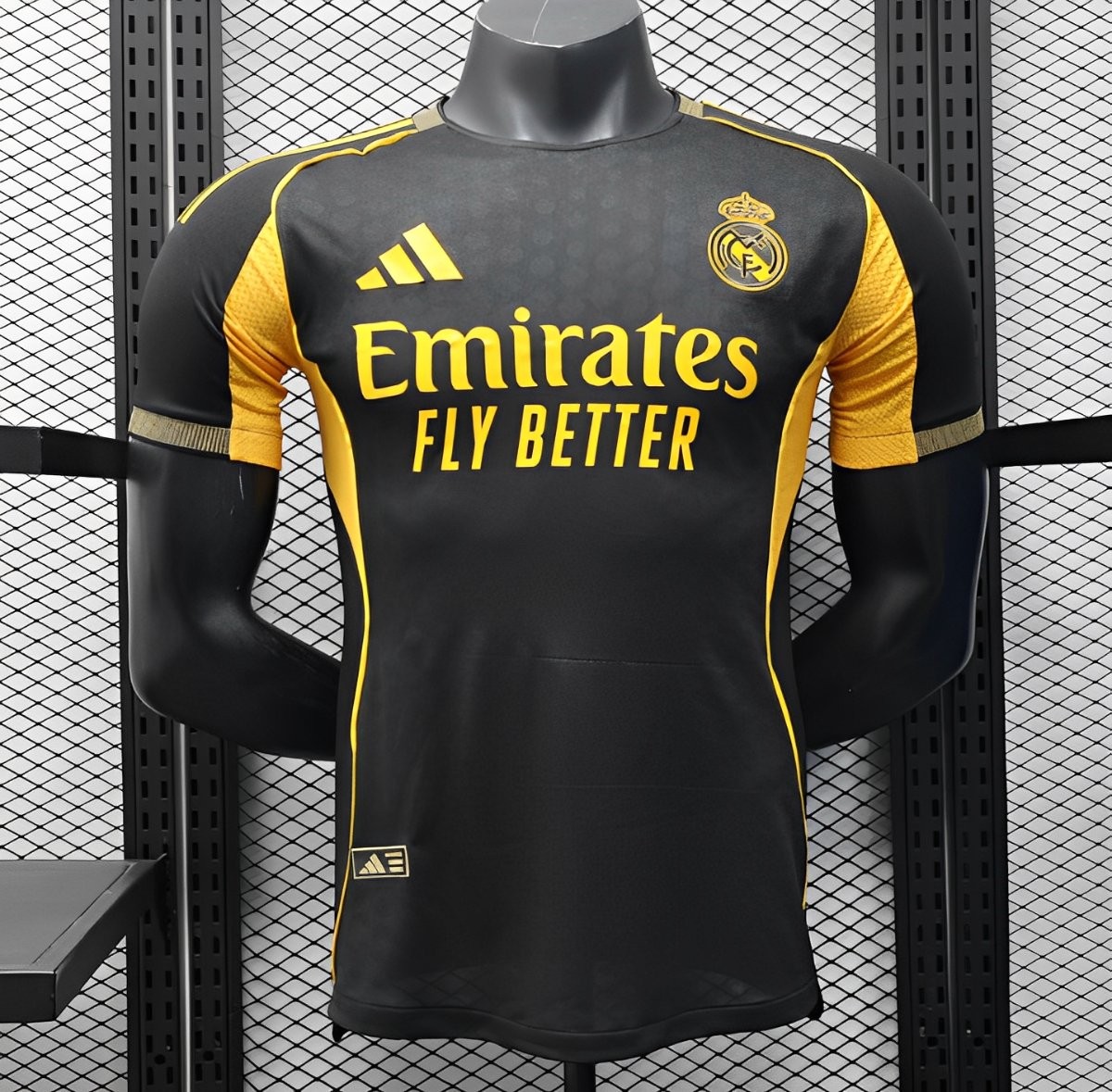 Player Version 25/26 Real Madrid Black with Gold Accents and Emirates Sponsor Jersey