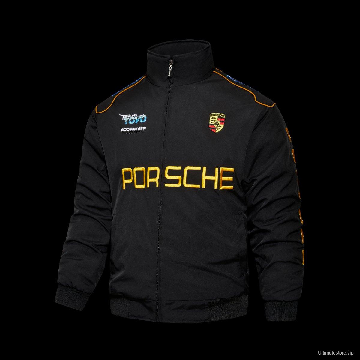 2026 F1 Porsche Motorsport Black Racing Jacket with Gold Lettering and Crest Badge